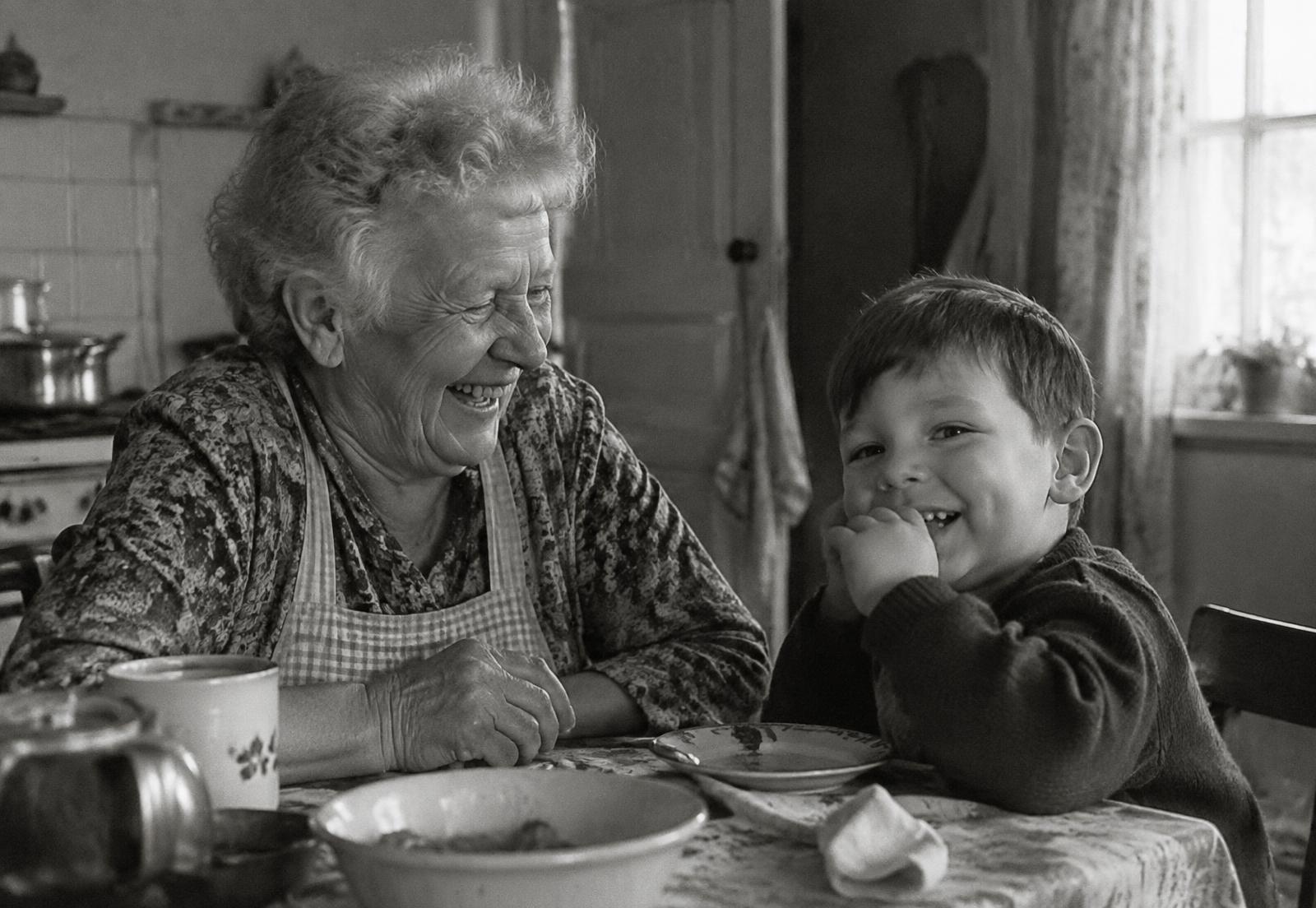 A grandmother and her grandson laughing together at a kitchen table